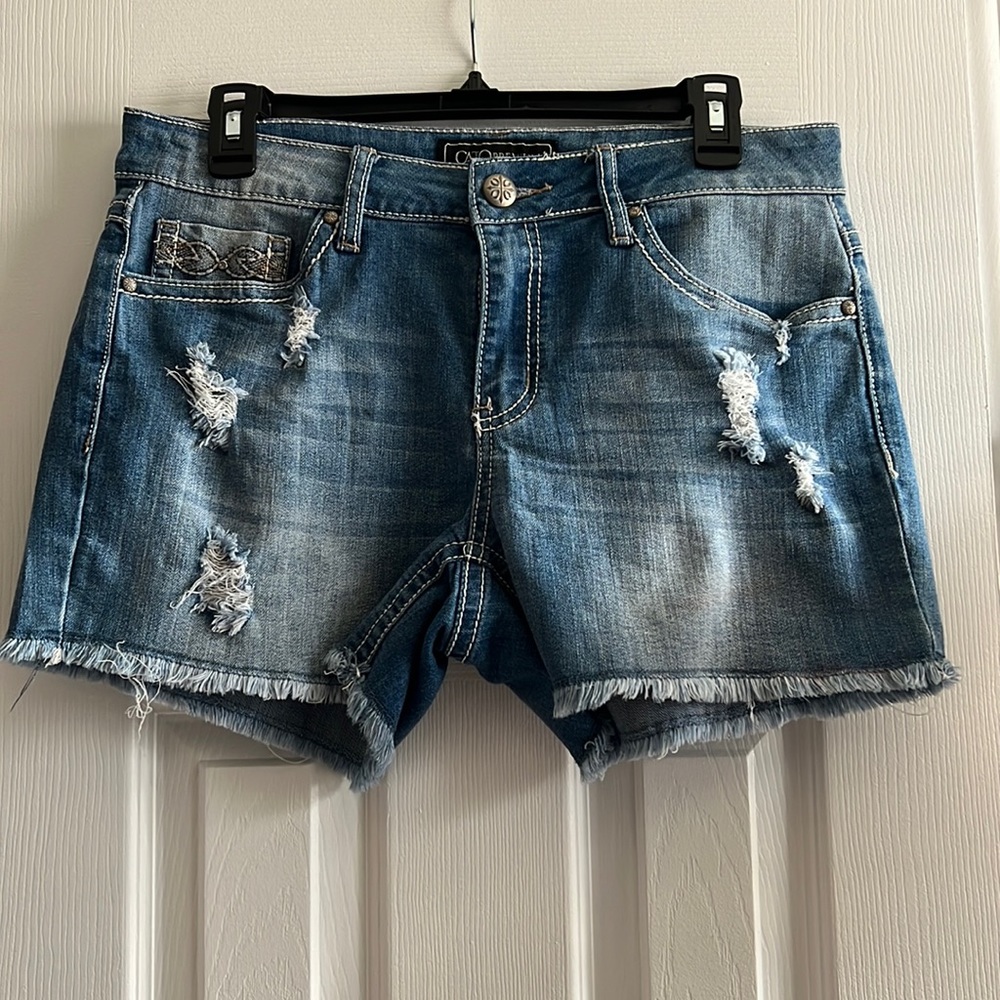 Distressed embellished denim shorts